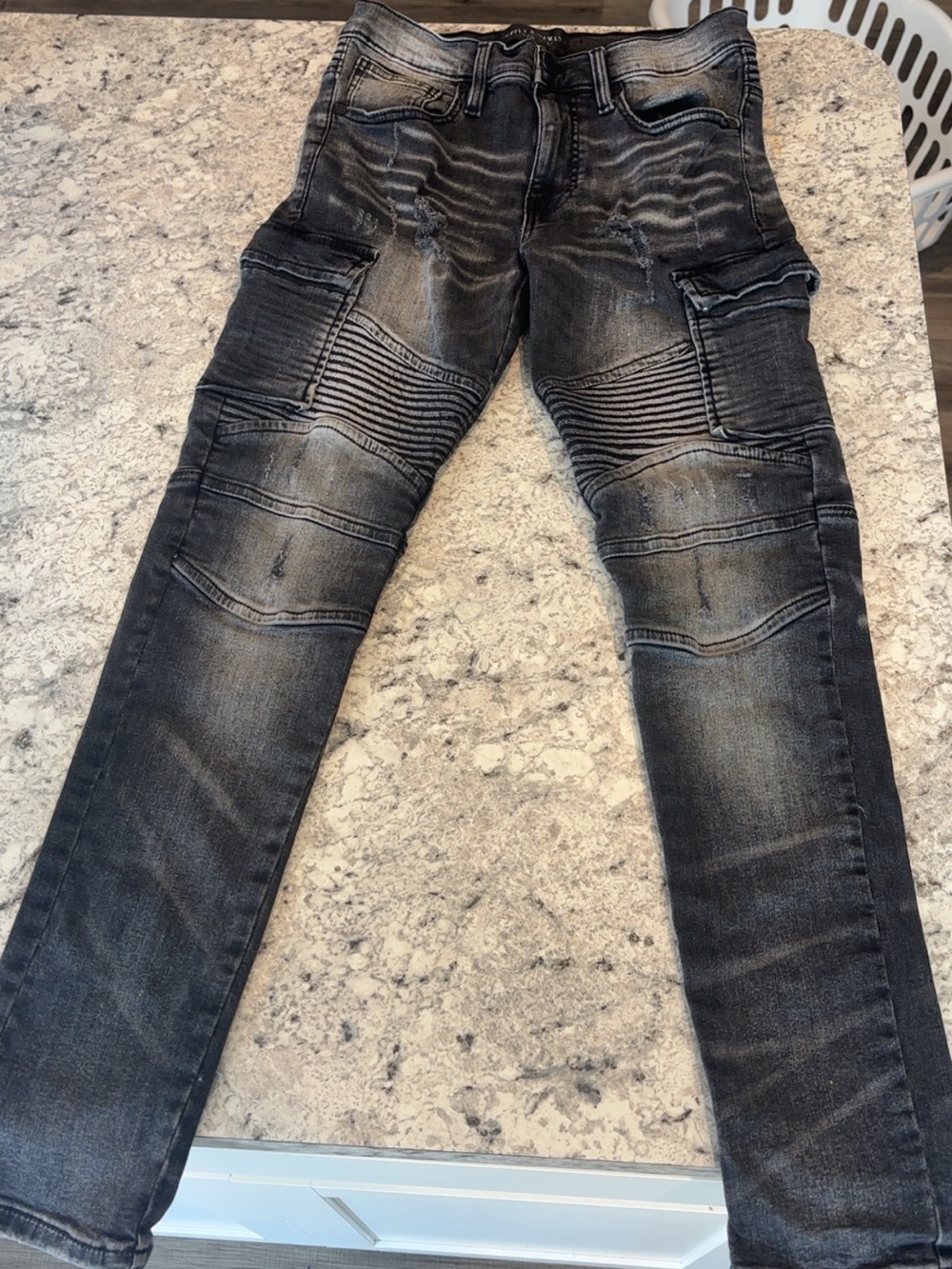 Black Washed Moto-Style Men's Jeans